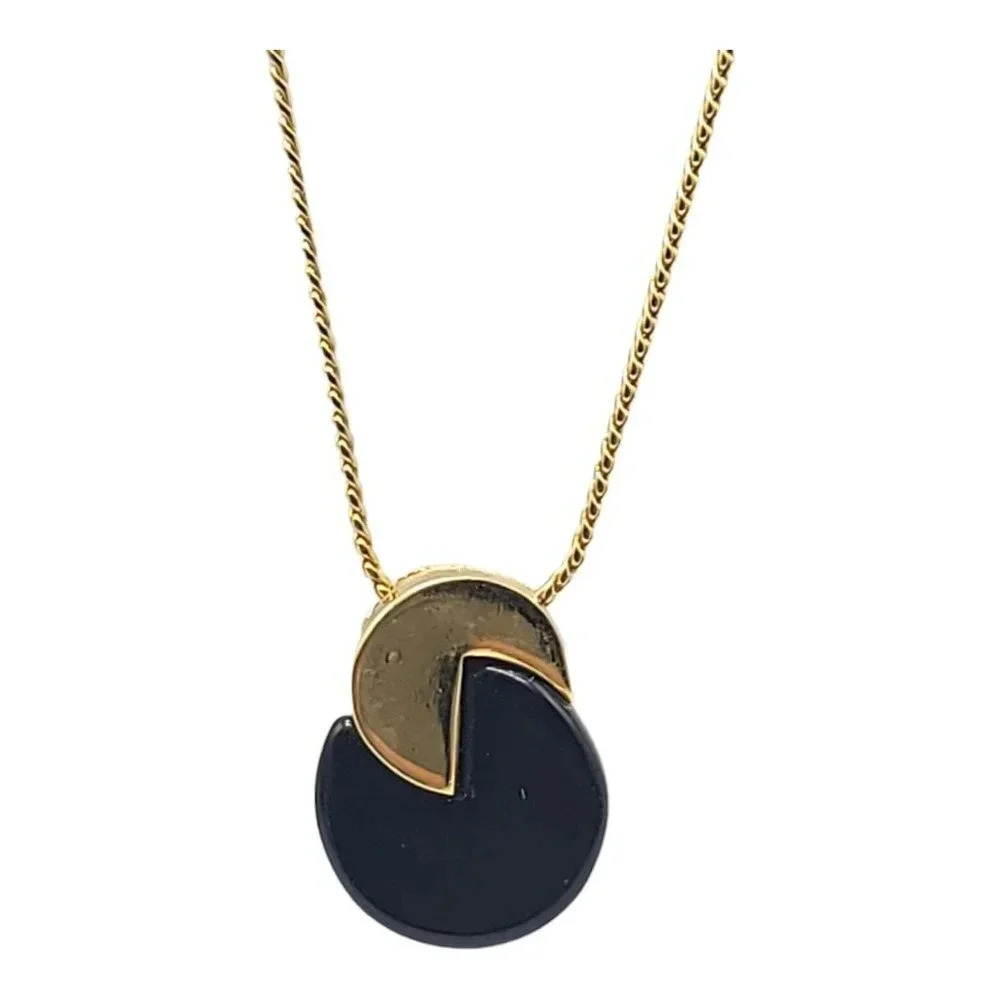 Trifari Gold Tone Black Acrylic Interlocked Pacman Circle Pendant Necklace Vinta